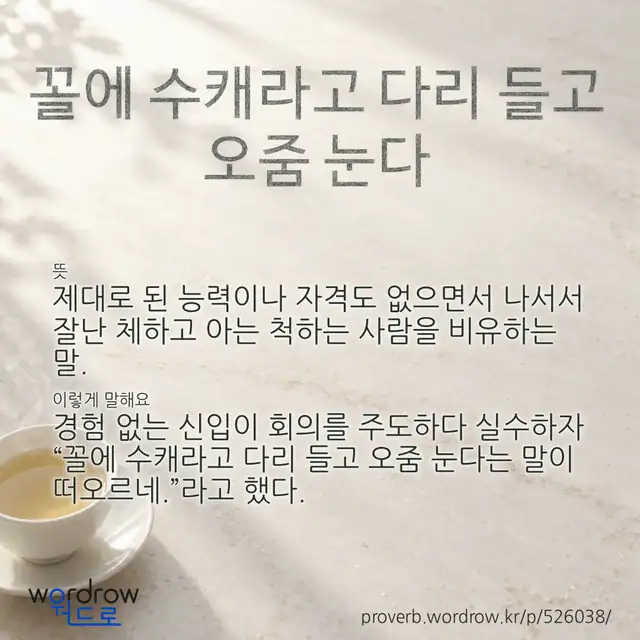 “꼴에 수캐라고 다리 들고 오줌 눈다” 글씨와 뜻·예문이 완성된 속담 영상 포스터