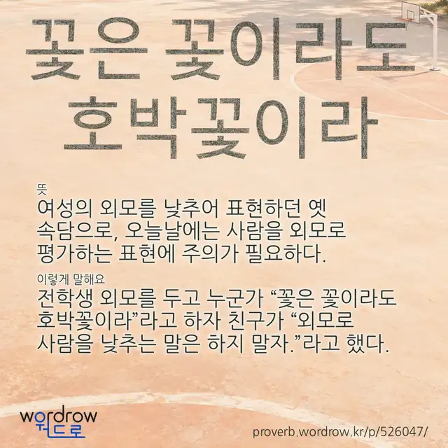 “꽃은 꽃이라도 호박꽃이라” 글씨와 뜻·예문이 완성된 속담 영상 포스터