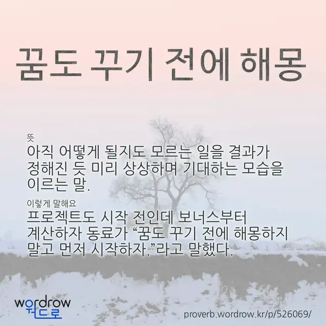 “꿈도 꾸기 전에 해몽” 글씨와 뜻·예문이 완성된 속담 영상 포스터