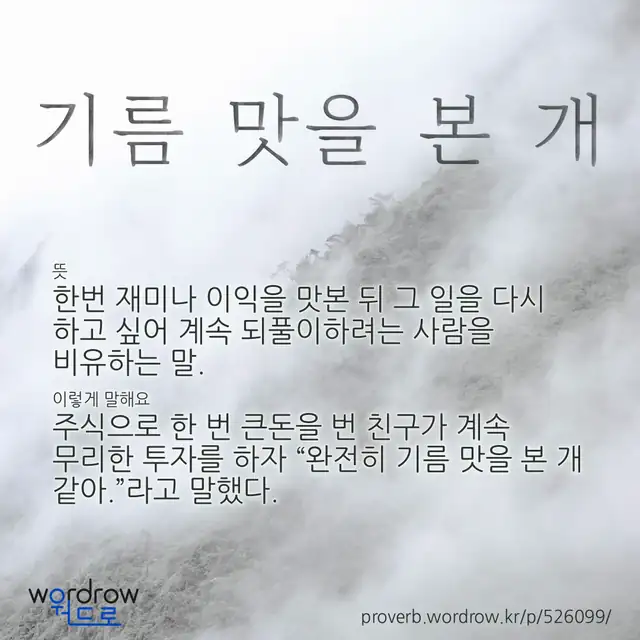 “기름 맛을 본 개” 글씨와 뜻·예문이 완성된 속담 영상 포스터