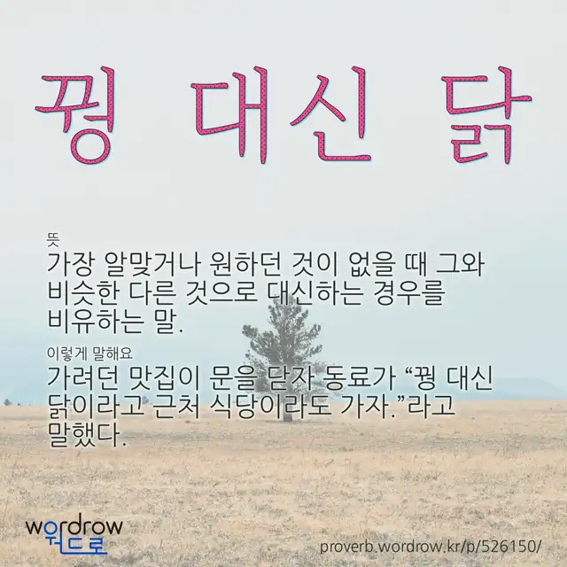 “꿩 대신 닭” 글씨와 뜻·예문이 완성된 속담 영상 포스터
