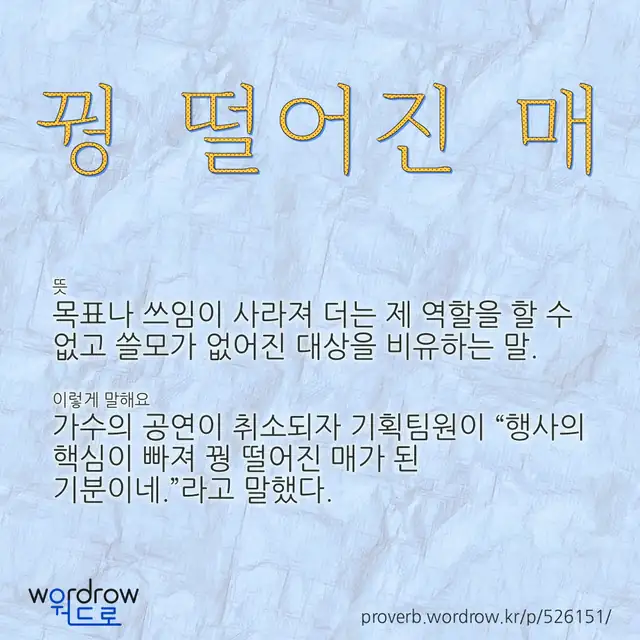 “꿩 떨어진 매” 글씨와 뜻·예문이 완성된 속담 영상 포스터