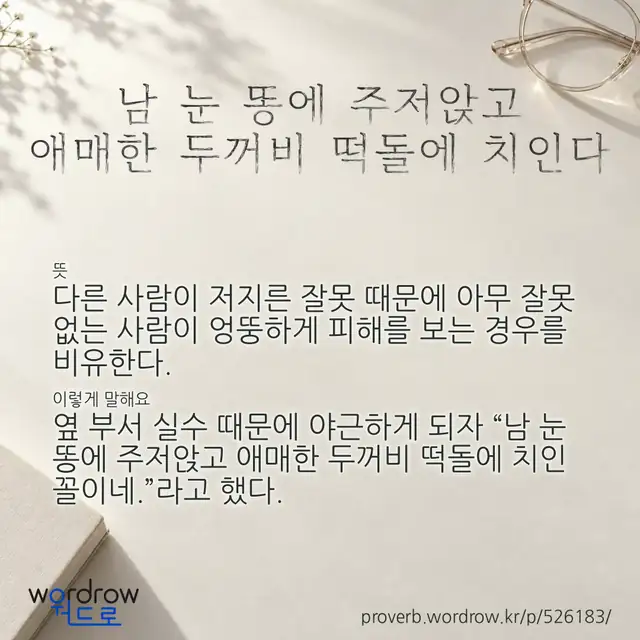 “남 눈 똥에 주저앉고 애매한 두꺼비 떡돌에 치인다” 글씨와 뜻·예문이 완성된 속담 영상 포스터