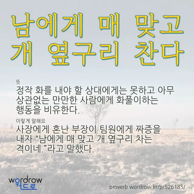 “남에게 매 맞고 개 옆구리 찬다” 글씨와 뜻·예문이 완성된 속담 영상 포스터