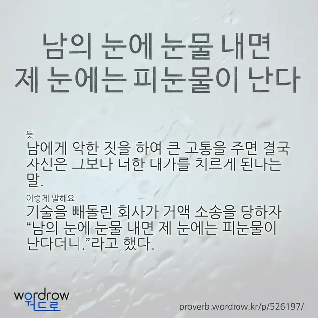 “남의 눈에 눈물 내면 제 눈에는 피눈물이 난다” 글씨와 뜻·예문이 완성된 속담 영상 포스터