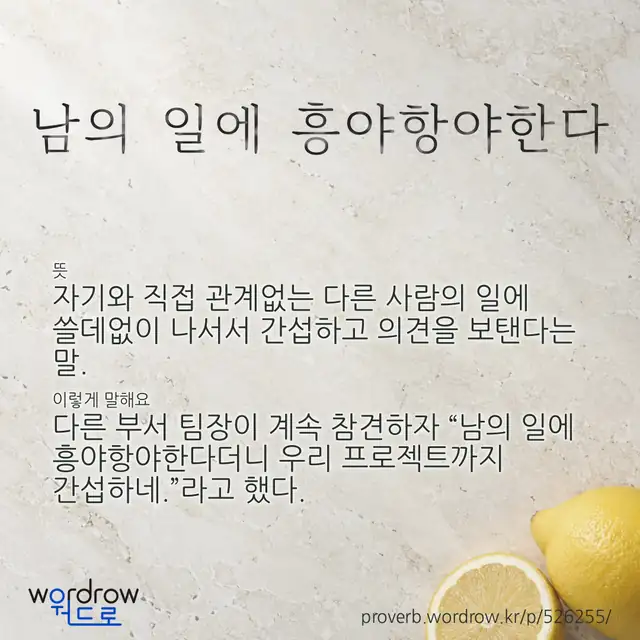 “남의 일에 흥야항야한다” 글씨와 뜻·예문이 완성된 속담 영상 포스터