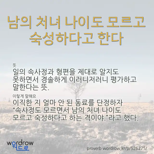 “남의 처녀 나이도 모르고 숙성하다고 한다” 글씨와 뜻·예문이 완성된 속담 영상 포스터