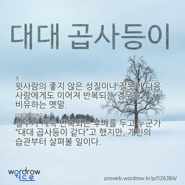 “대대 곱사등이” 글씨와 뜻·예문이 완성된 속담 영상 포스터