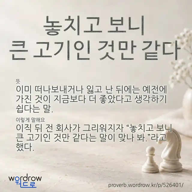 “놓치고 보니 큰 고기인 것만 같다” 글씨와 뜻·예문이 완성된 속담 영상 포스터
