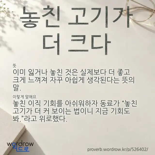 “놓친 고기가 더 크다” 글씨와 뜻·예문이 완성된 속담 영상 포스터