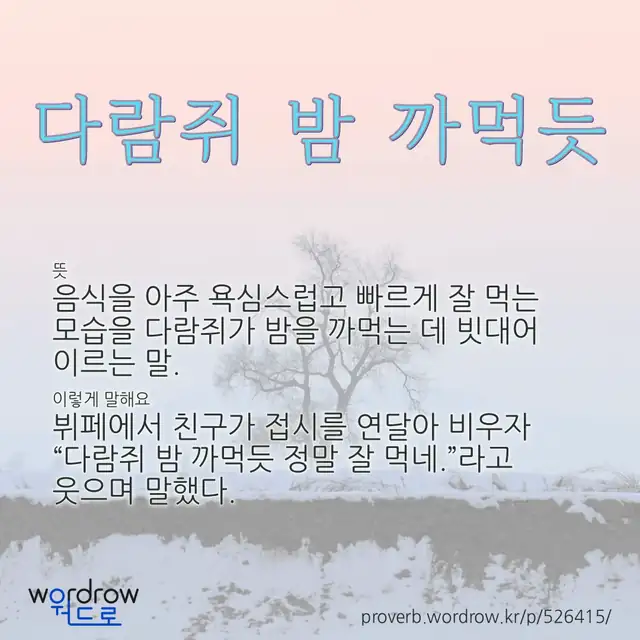 “다람쥐 밤 까먹듯” 글씨와 뜻·예문이 완성된 속담 영상 포스터