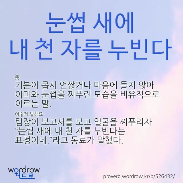 “눈썹 새에 내 천 자를 누빈다” 글씨와 뜻·예문이 완성된 속담 영상 포스터