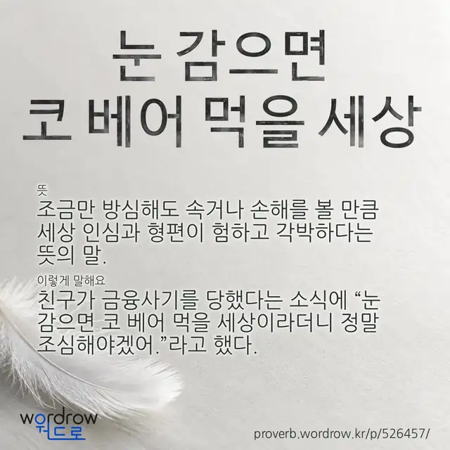 “눈 감으면 코 베어 먹을 세상” 글씨와 뜻·예문이 완성된 속담 영상 포스터