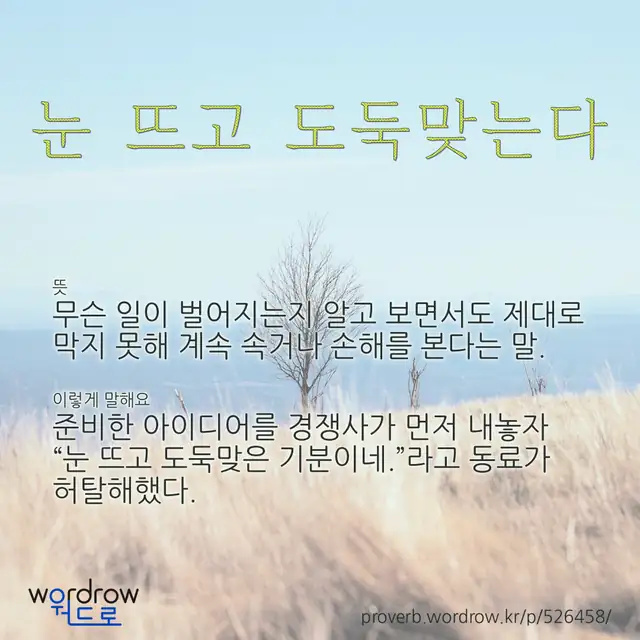 “눈 뜨고 도둑맞는다” 글씨와 뜻·예문이 완성된 속담 영상 포스터