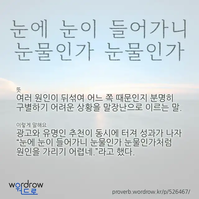 “눈에 눈이 들어가니 눈물인가 눈물인가” 글씨와 뜻·예문이 완성된 속담 영상 포스터