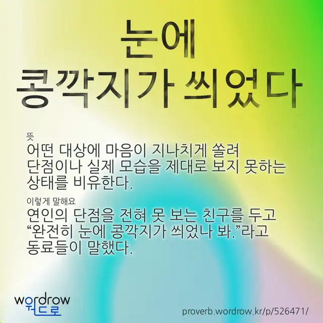 “눈에 콩깍지가 씌었다” 글씨와 뜻·예문이 완성된 속담 영상 포스터