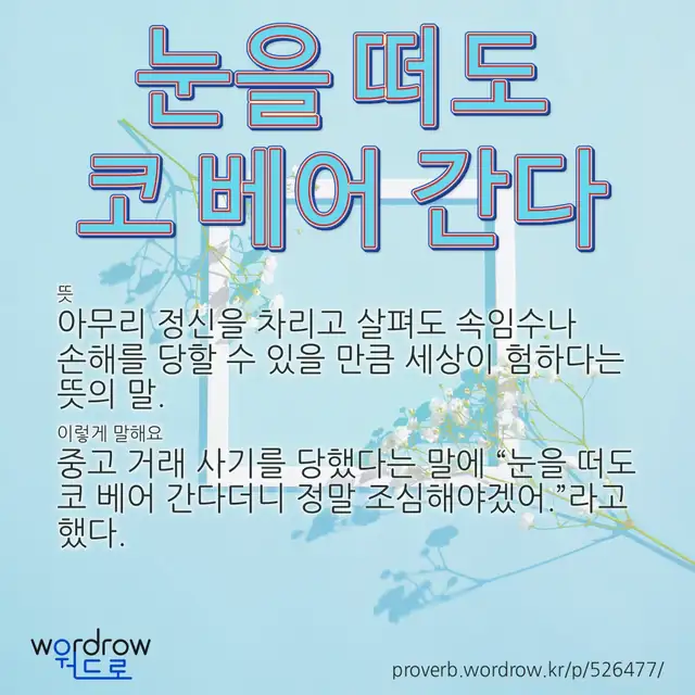 “눈을 떠도 코 베어 간다” 글씨와 뜻·예문이 완성된 속담 영상 포스터