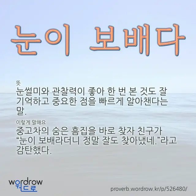 “눈이 보배다” 글씨와 뜻·예문이 완성된 속담 영상 포스터