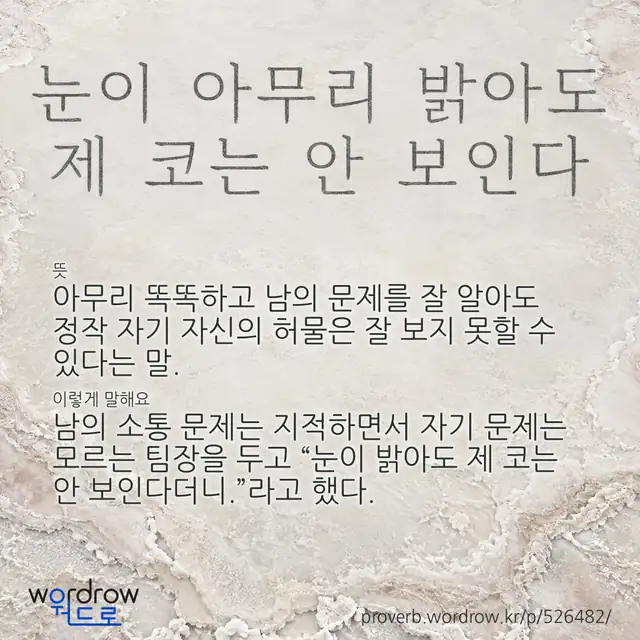 “눈이 아무리 밝아도 제 코는 안 보인다” 글씨와 뜻·예문이 완성된 속담 영상 포스터
