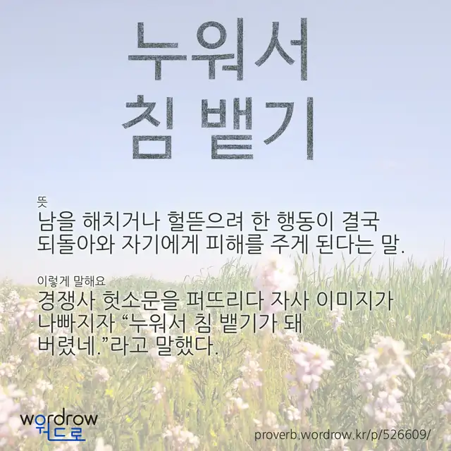 “누워서 침 뱉기” 글씨와 뜻·예문이 완성된 속담 영상 포스터