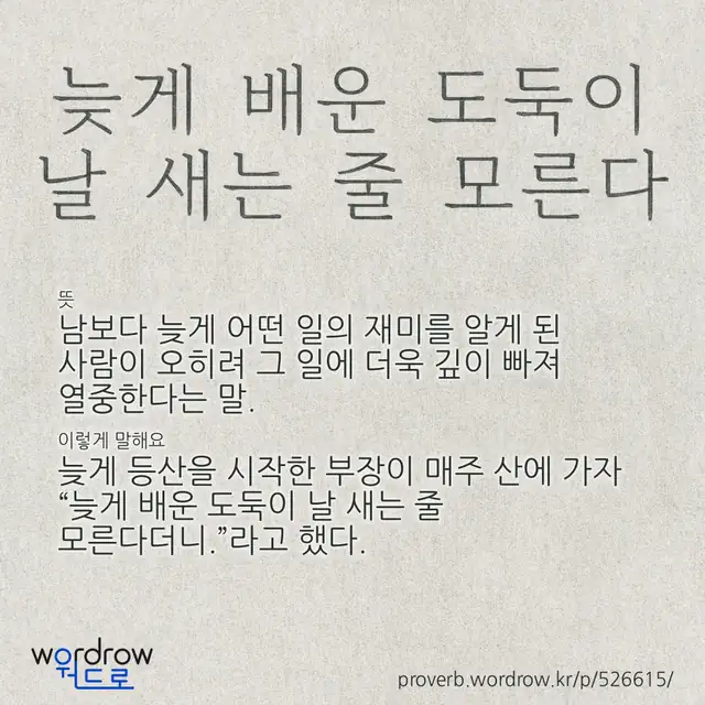 “늦게 배운 도둑이 날 새는 줄 모른다” 글씨와 뜻·예문이 완성된 속담 영상 포스터