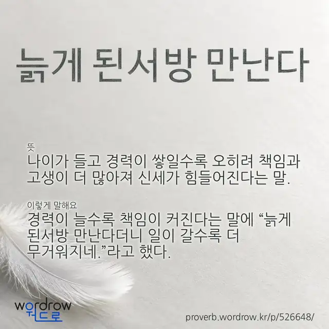 “늙게 된서방 만난다” 글씨와 뜻·예문이 완성된 속담 영상 포스터