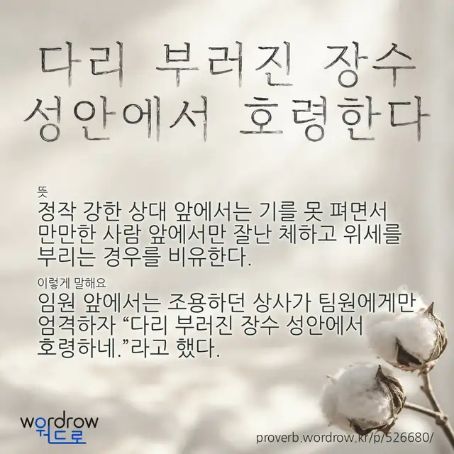 “다리 부러진 장수 성안에서 호령한다” 글씨와 뜻·예문이 완성된 속담 영상 포스터