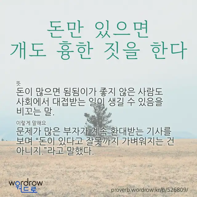 “돈만 있으면 개도 흉한 짓을 한다” 글씨와 뜻·예문이 완성된 속담 영상 포스터