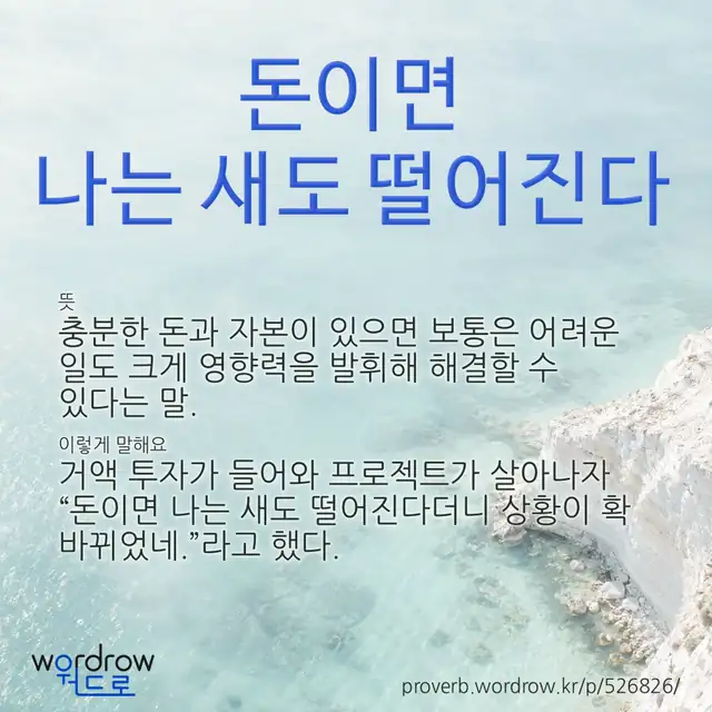 “돈이면 나는 새도 떨어진다” 글씨와 뜻·예문이 완성된 속담 영상 포스터