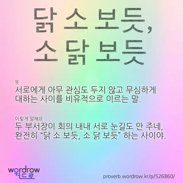 “닭 소 보듯, 소 닭 보듯” 글씨와 뜻·예문이 완성된 속담 영상 포스터