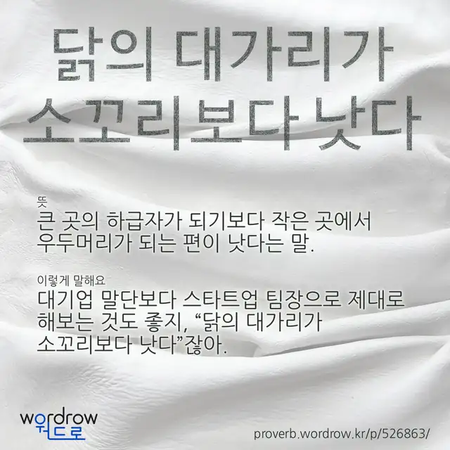 “닭의 대가리가 소꼬리보다 낫다” 글씨와 뜻·예문이 완성된 속담 영상 포스터