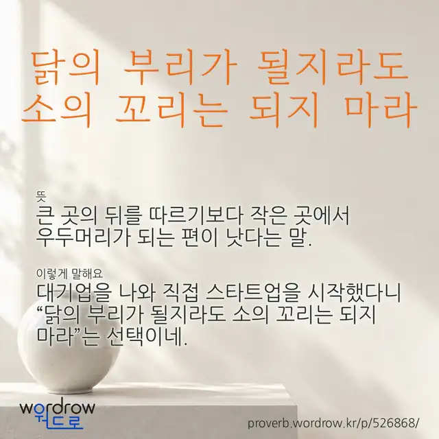 “닭의 부리가 될지라도 소의 꼬리는 되지 마라” 글씨와 뜻·예문이 완성된 속담 영상 포스터
