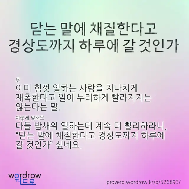 “닫는 말에 채질한다고 경상도까지 하루에 갈 것인가” 글씨와 뜻·예문이 완성된 속담 영상 포스터