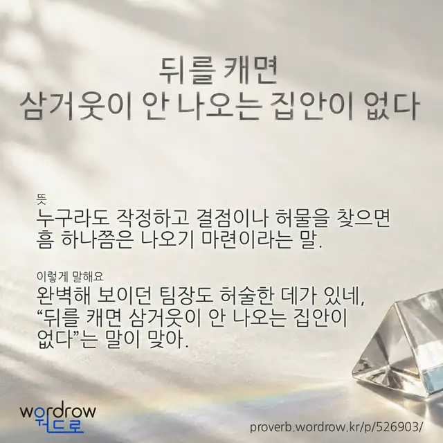 “뒤를 캐면 삼거웃이 안 나오는 집안이 없다” 글씨와 뜻·예문이 완성된 속담 영상 포스터