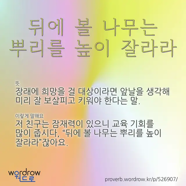 “뒤에 볼 나무는 뿌리를 높이 잘라라” 글씨와 뜻·예문이 완성된 속담 영상 포스터