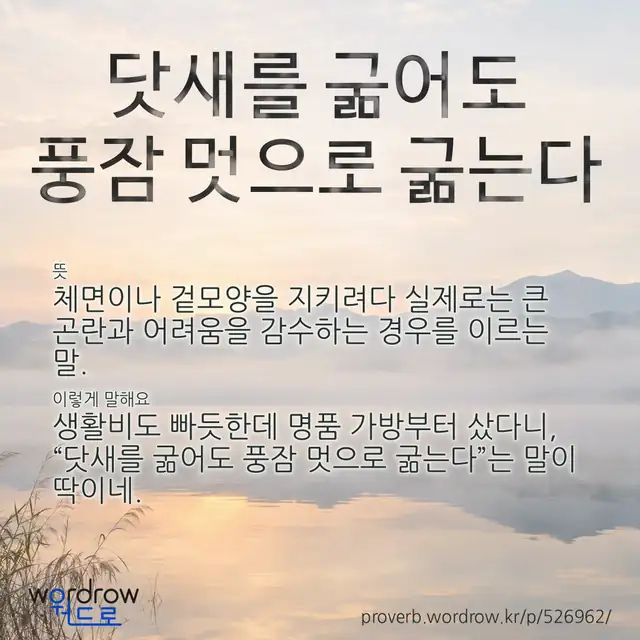 “닷새를 굶어도 풍잠 멋으로 굶는다” 글씨와 뜻·예문이 완성된 속담 영상 포스터