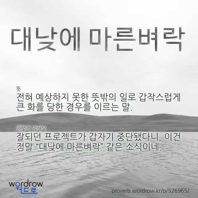 “대낮에 마른벼락” 글씨와 뜻·예문이 완성된 속담 영상 포스터
