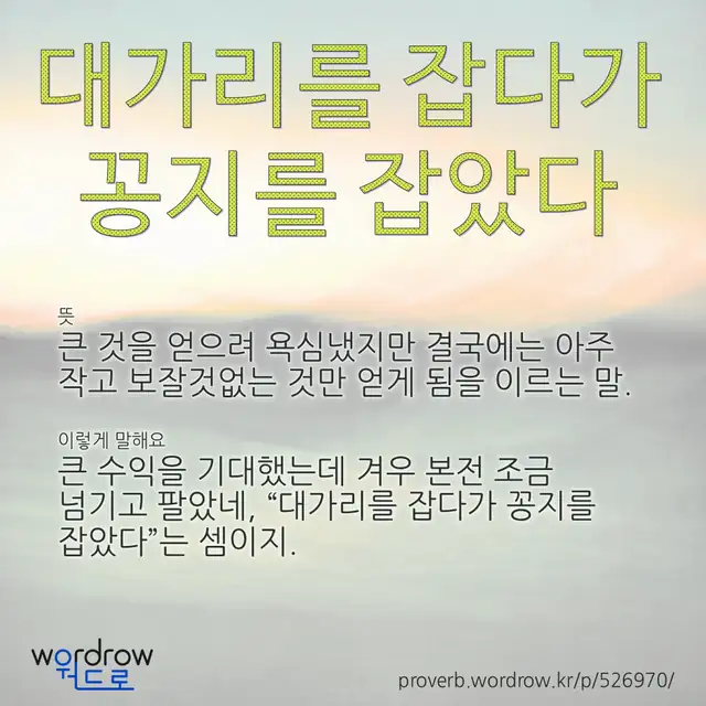 “대가리를 잡다가 꽁지를 잡았다” 글씨와 뜻·예문이 완성된 속담 영상 포스터