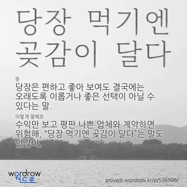 “당장 먹기엔 곶감이 달다” 글씨와 뜻·예문이 완성된 속담 영상 포스터