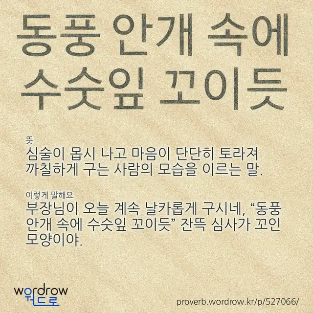 “동풍 안개 속에 수숫잎 꼬이듯” 글씨와 뜻·예문이 완성된 속담 영상 포스터
