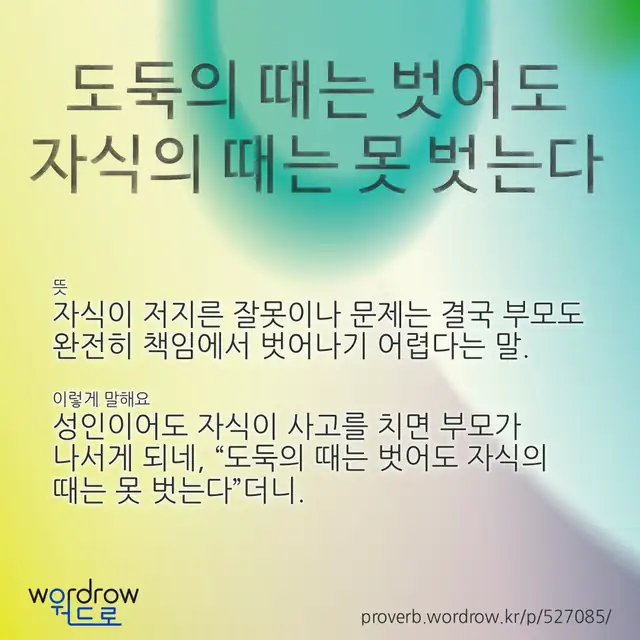 “도둑의 때는 벗어도 자식의 때는 못 벗는다” 글씨와 뜻·예문이 완성된 속담 영상 포스터