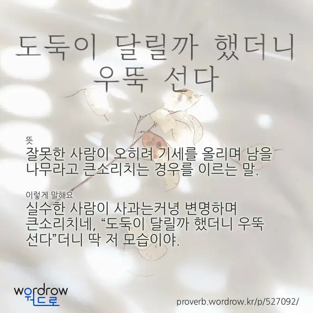 “도둑이 달릴까 했더니 우뚝 선다” 글씨와 뜻·예문이 완성된 속담 영상 포스터