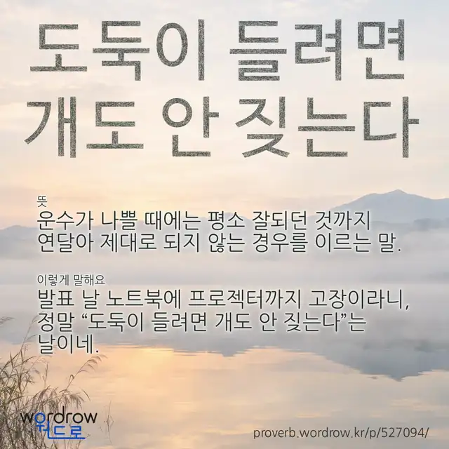 “도둑이 들려면 개도 안 짖는다” 글씨와 뜻·예문이 완성된 속담 영상 포스터