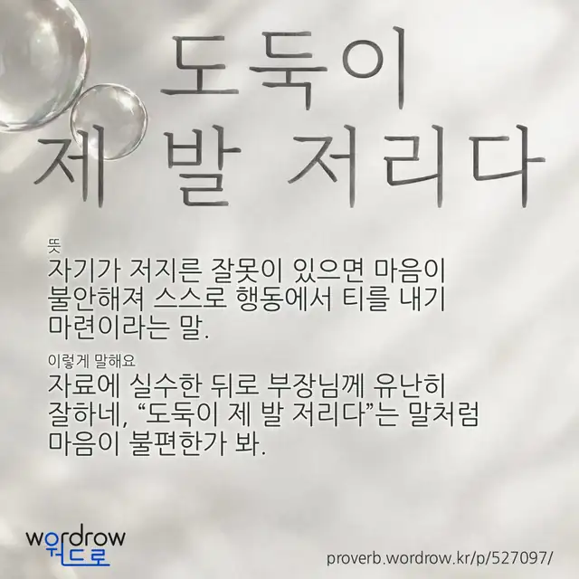 “도둑이 제 발 저리다” 글씨와 뜻·예문이 완성된 속담 영상 포스터