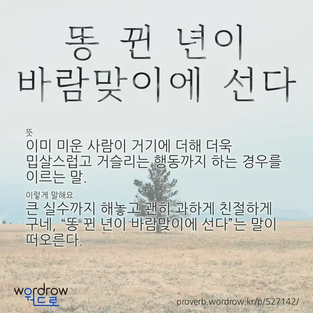 “똥 뀐 년이 바람맞이에 선다” 글씨와 뜻·예문이 완성된 속담 영상 포스터