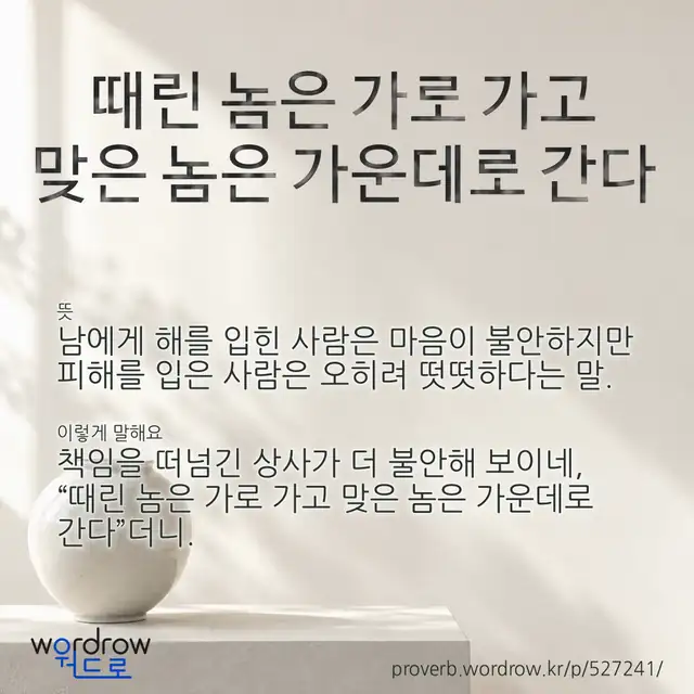 “때린 놈은 가로 가고 맞은 놈은 가운데로 간다” 글씨와 뜻·예문이 완성된 속담 영상 포스터