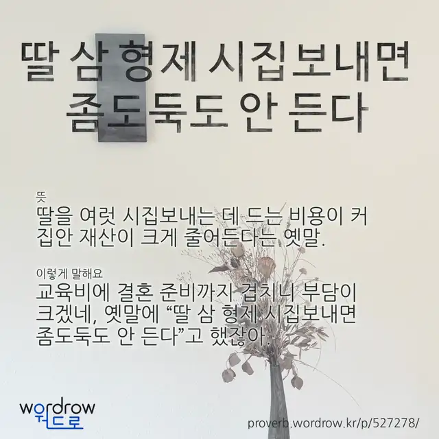 “딸 삼 형제 시집보내면 좀도둑도 안 든다” 글씨와 뜻·예문이 완성된 속담 영상 포스터