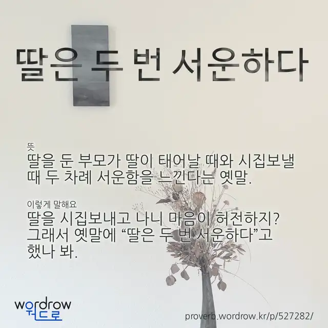 “딸은 두 번 서운하다” 글씨와 뜻·예문이 완성된 속담 영상 포스터