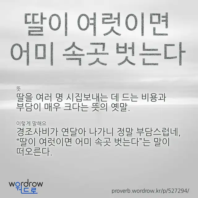 “딸이 여럿이면 어미 속곳 벗는다” 글씨와 뜻·예문이 완성된 속담 영상 포스터