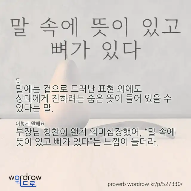 “말 속에 뜻이 있고 뼈가 있다” 글씨와 뜻·예문이 완성된 속담 영상 포스터